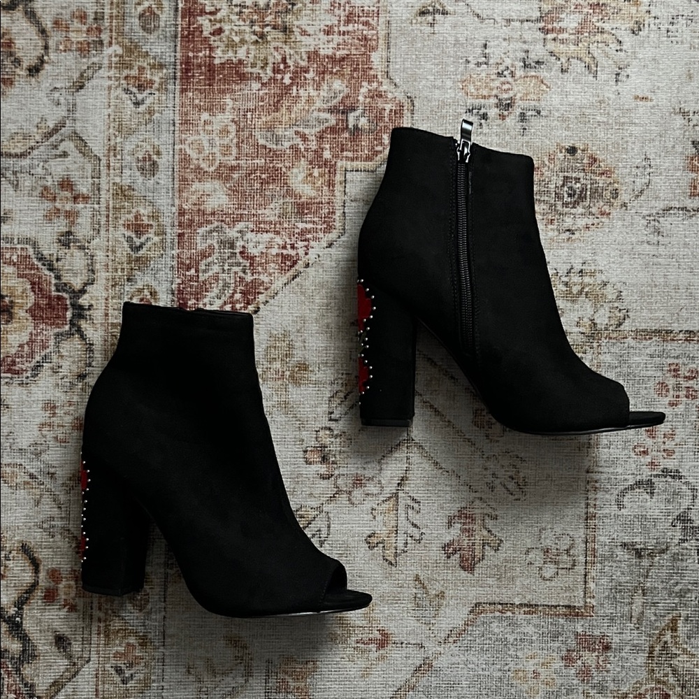 Peep Toe Booties with Embroidered Heel
